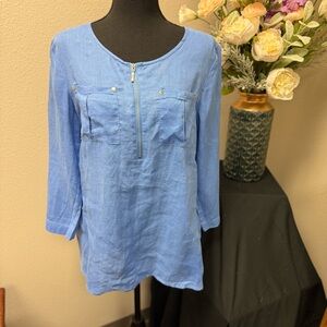 Jones New York 100% Linen Blue Zip Front Top – Size M